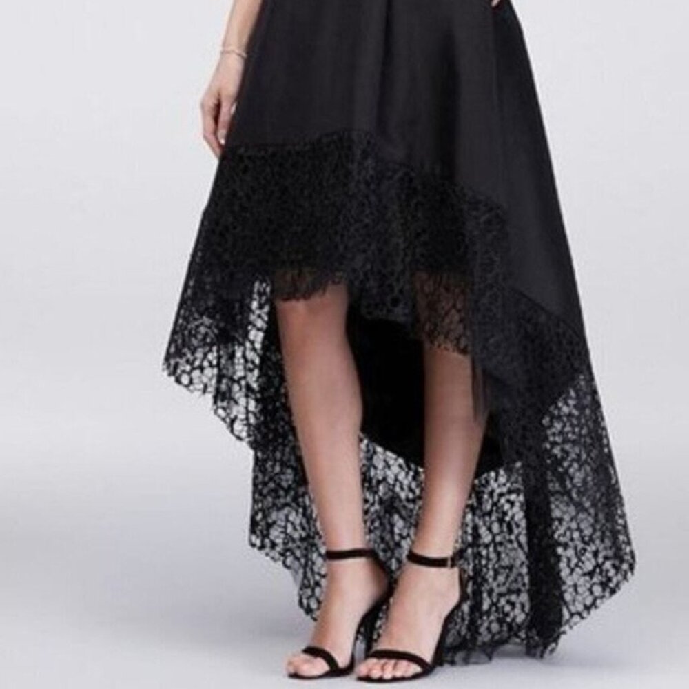 BETSY & ADAM Taffeta High-low Dress with Floral Lace Hem - Picture 3 of 13